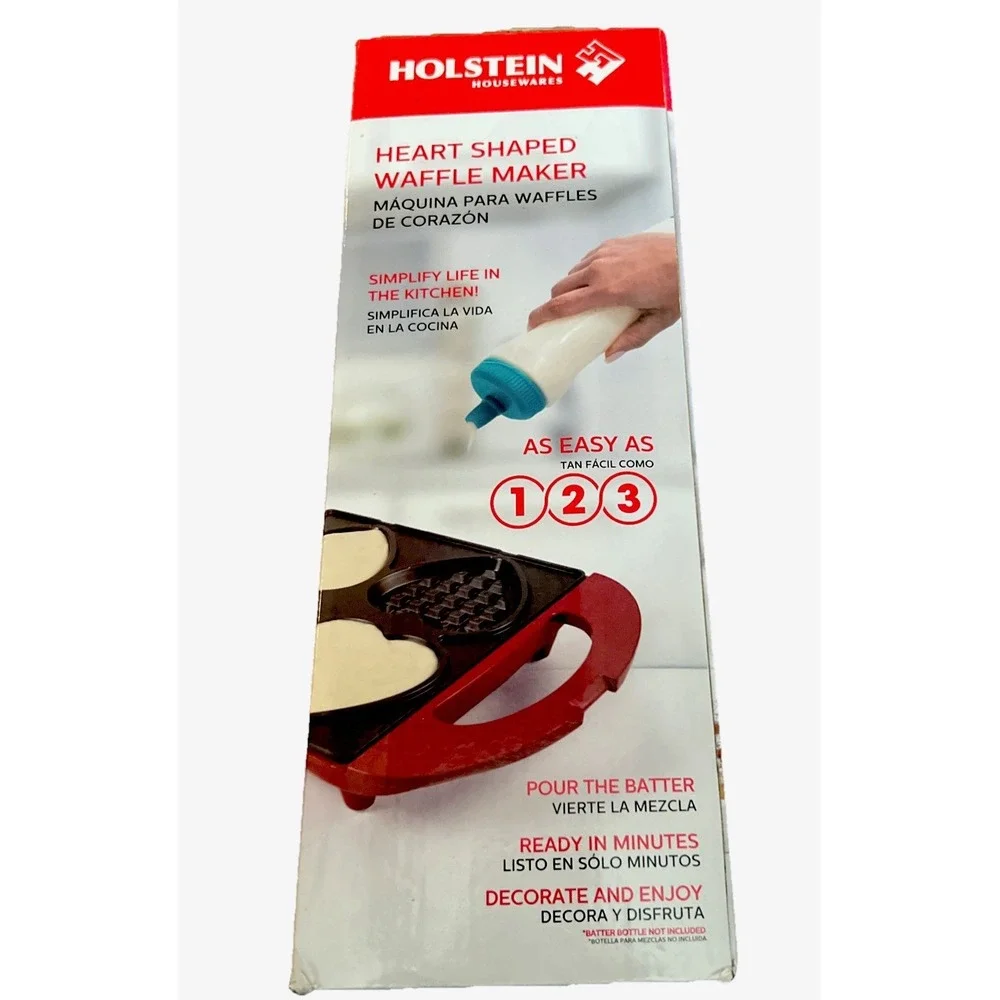 HOLSTEIN HOUSEWARES Red Heart-Shaped 4-Waffle Maker Non-Stick‎ New